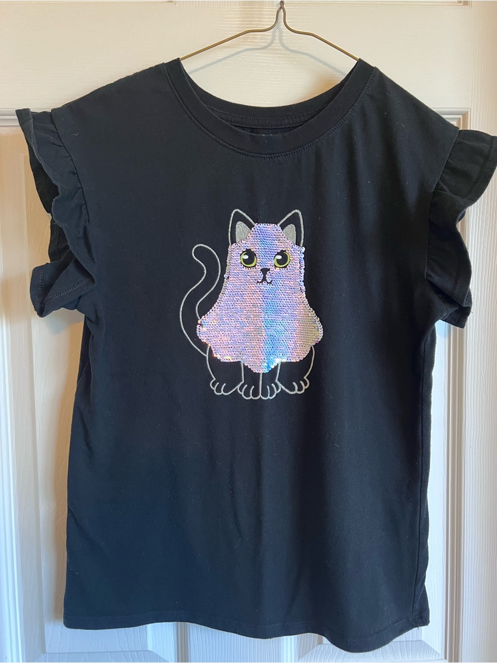 Girl’s XL/14 Ruffle Sleeve Ghost Kitty Flip Sequin Tee